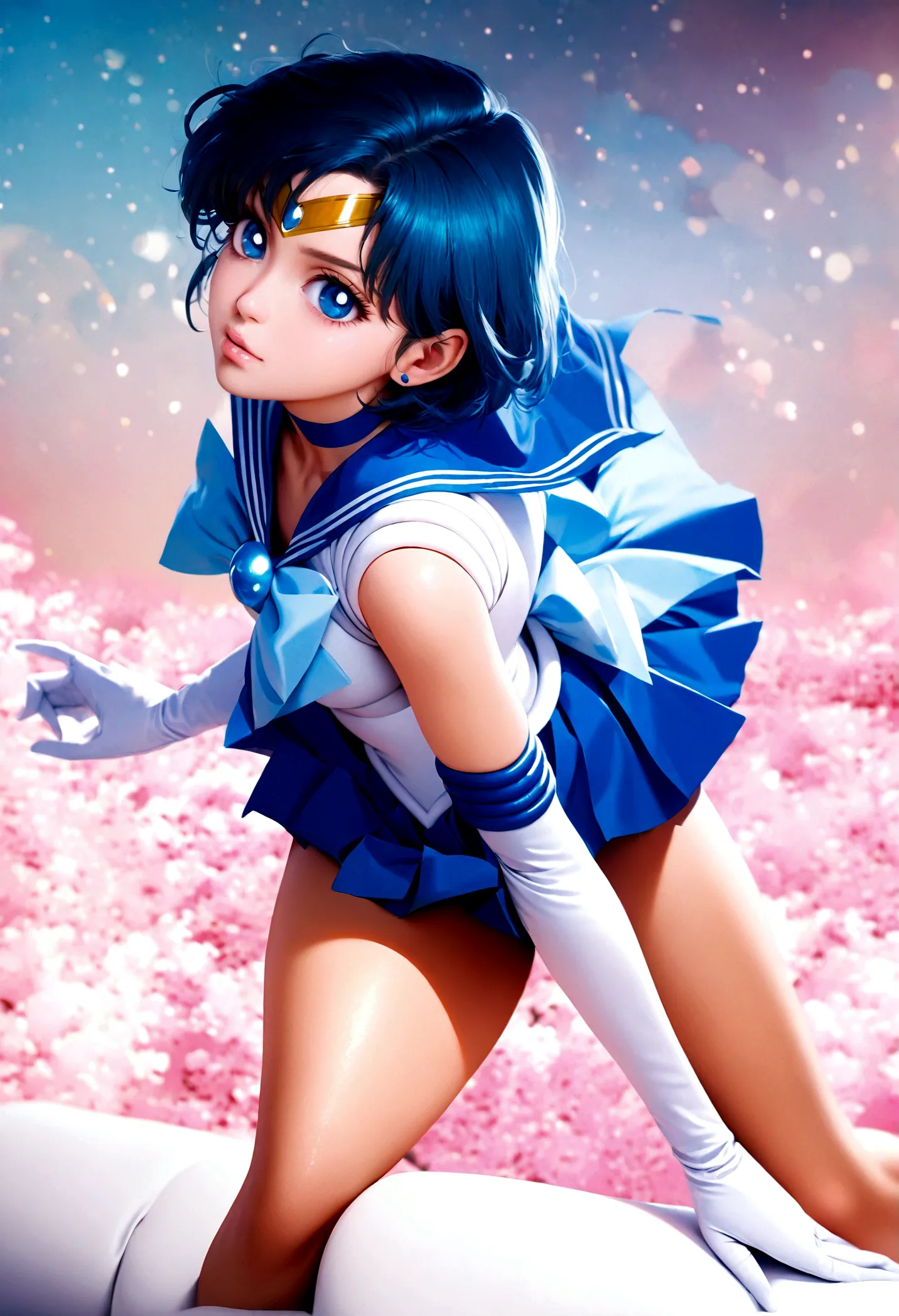 1girl, sailor mercury, bishoujo senshi sailor moon, elegant detailed eyes, detailed facial features, long eyelashes, beautiful d...