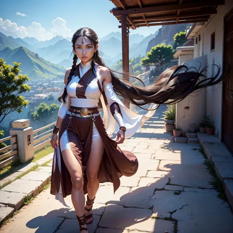 an athletic muscular brown skin monk lady long black hair in a braid, wearing a dark brown tunic, bandages in hands and legs, te...