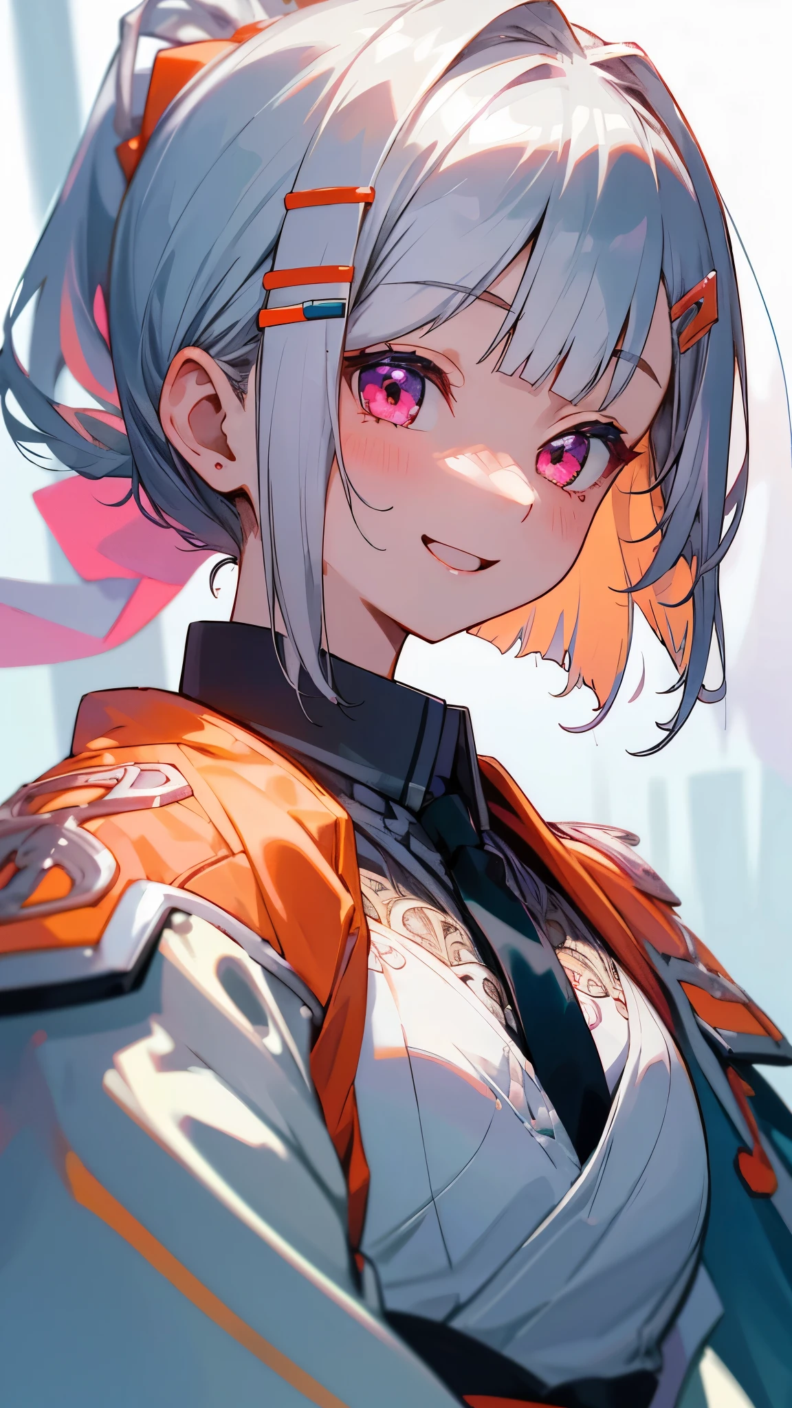 1 girl、8k、Sharp focus、(Bokeh) (highest quality) (Detailed skin:1.3) (Intricate details) (anime)、16-year-old girl、Riders jacket、Small breasts、Silver hair and short bob hairstyle、Tie your hair up with a hair clip、Beautiful pink eyes、smile、Laughing with your mouth open、From the side、Blue and orange tones、Upper body close-up