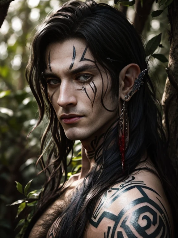 "((highly detailed, detailed eyes, detailed face, clear and realistic facial features, photorealistic, realistic light; cinematic)), (close up) mysterious male Tuatha de Danann, ethereal-looking, wearing fine elven clothing for the hunt, black hair, intense eyes, hunting you, heavy black tattoos, heavily tattooed, naked, facial scarification, blood, brutal, scary, dangerous, masculine, elven ears, seductive, smirking, looking at camera"