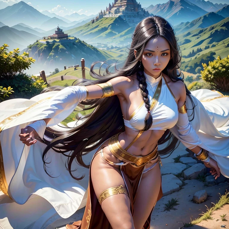 an athletic muscular brown skin monk lady long black hair in a braid, wearing a dark brown tunic golden accents, bandages in hands and legs, temple mountains background