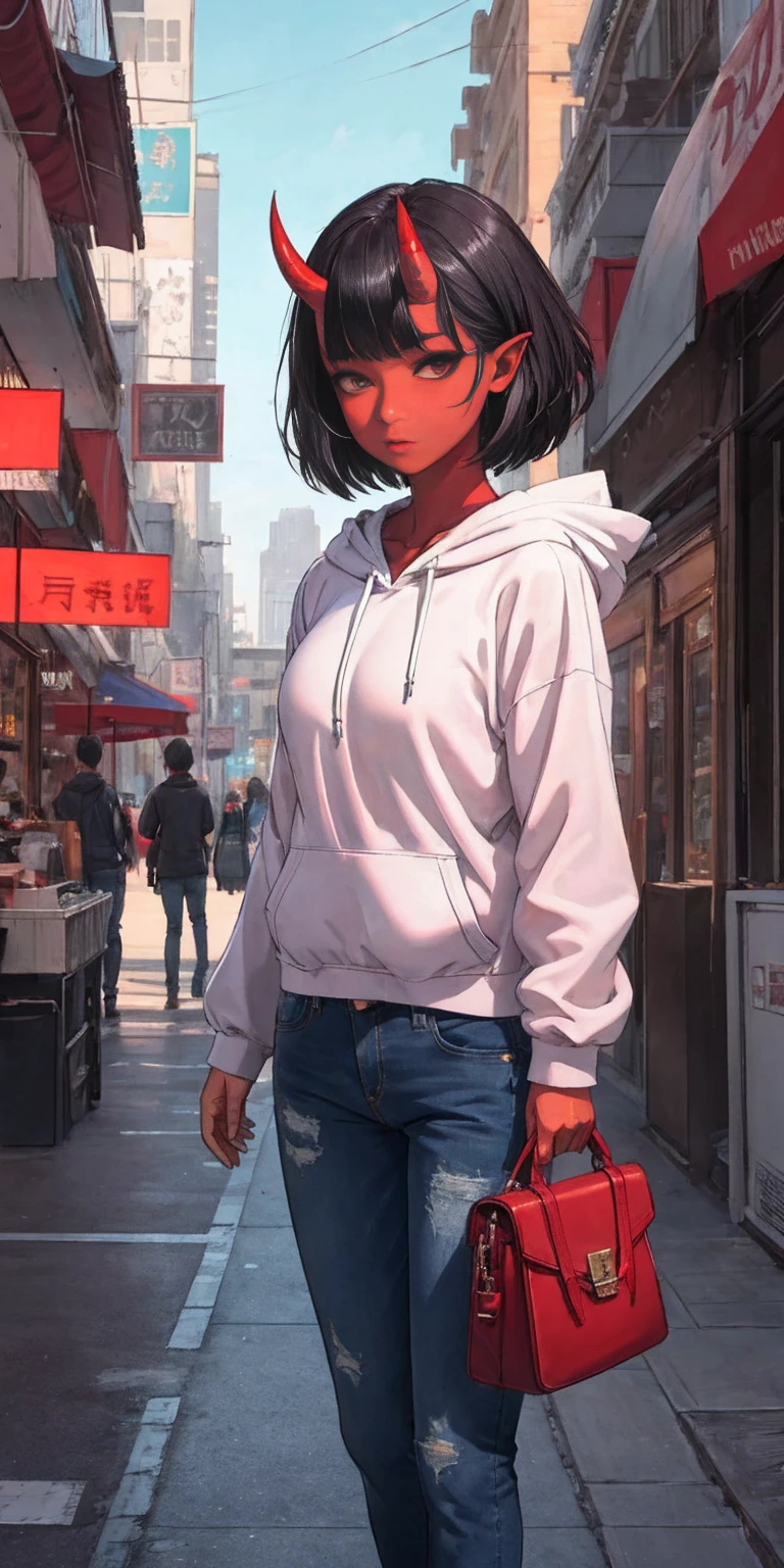 masterpiece, best quality, ultra high res, beautiful, visually stunning, elegant, incredible details, award-winning art, 0n1, red skin, oni horns, oni, red oni, colored skin, hoodie, jeans, handbag, neon city street background