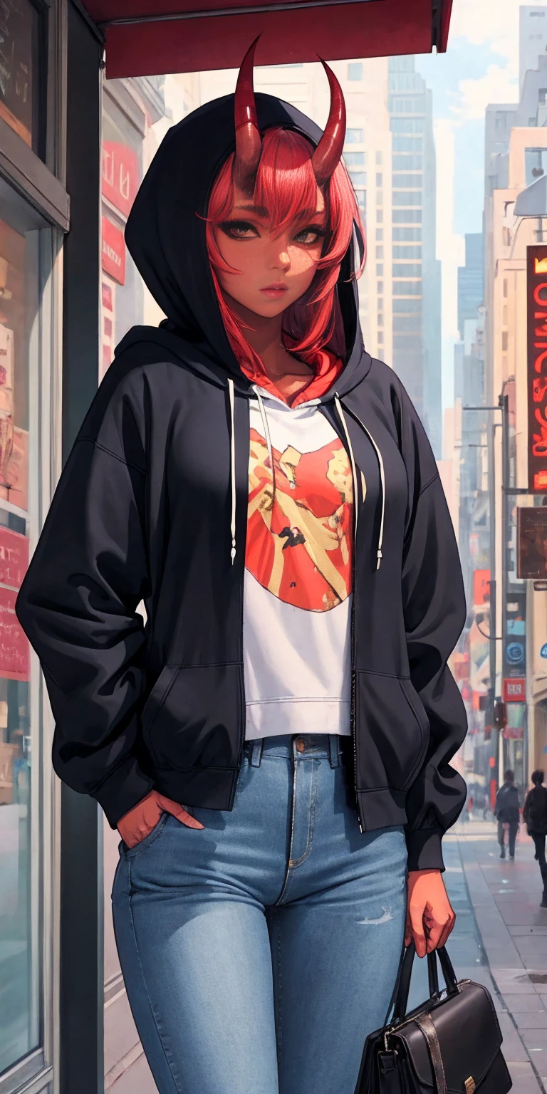 masterpiece, best quality, ultra high res, beautiful, visually stunning, elegant, incredible details, award-winning art, 0n1, red skin, oni horns, oni, red oni, colored skin, hoodie, jeans, handbag, neon city street background