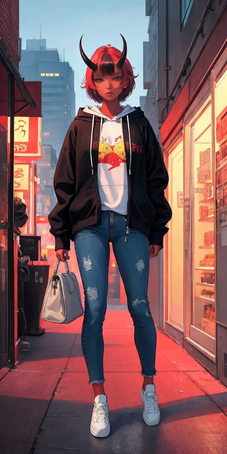 masterpiece, best quality, ultra high res, beautiful, visually stunning, elegant, incredible details, award-winning art, 0n1, red skin, oni horns, oni, red oni, colored skin, hoodie, jeans, handbag, neon city street background