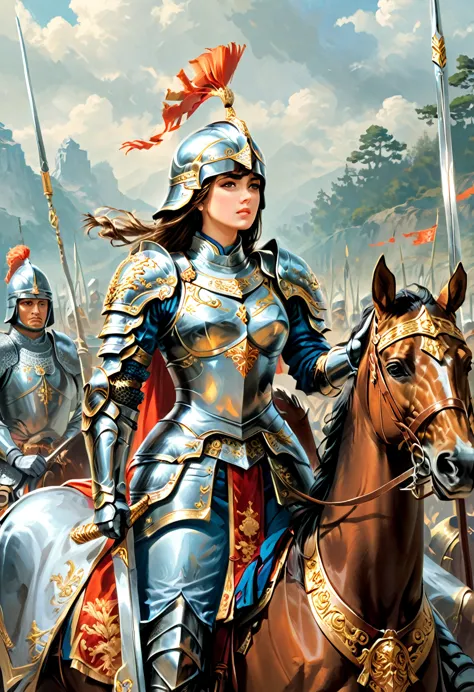 In the glorious ancient empire, a female general dressed in gorgeous battle armor and wielding a long spear was commanding thous...