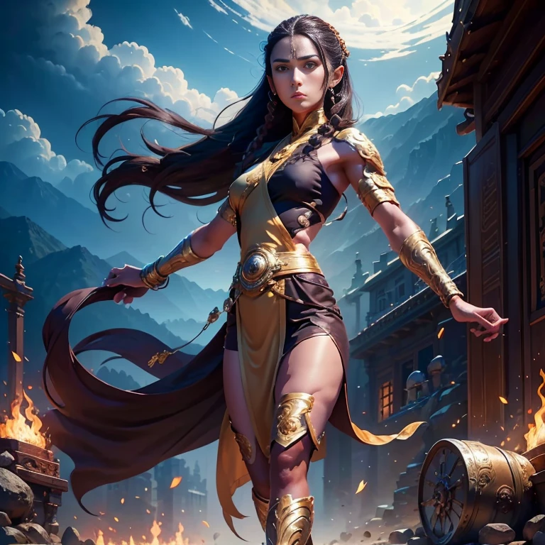 a muscular brown skin monk lady long black hair in a braid, wearing a dark brown tunic golden accents, bandages in hands and legs, temple mountains background