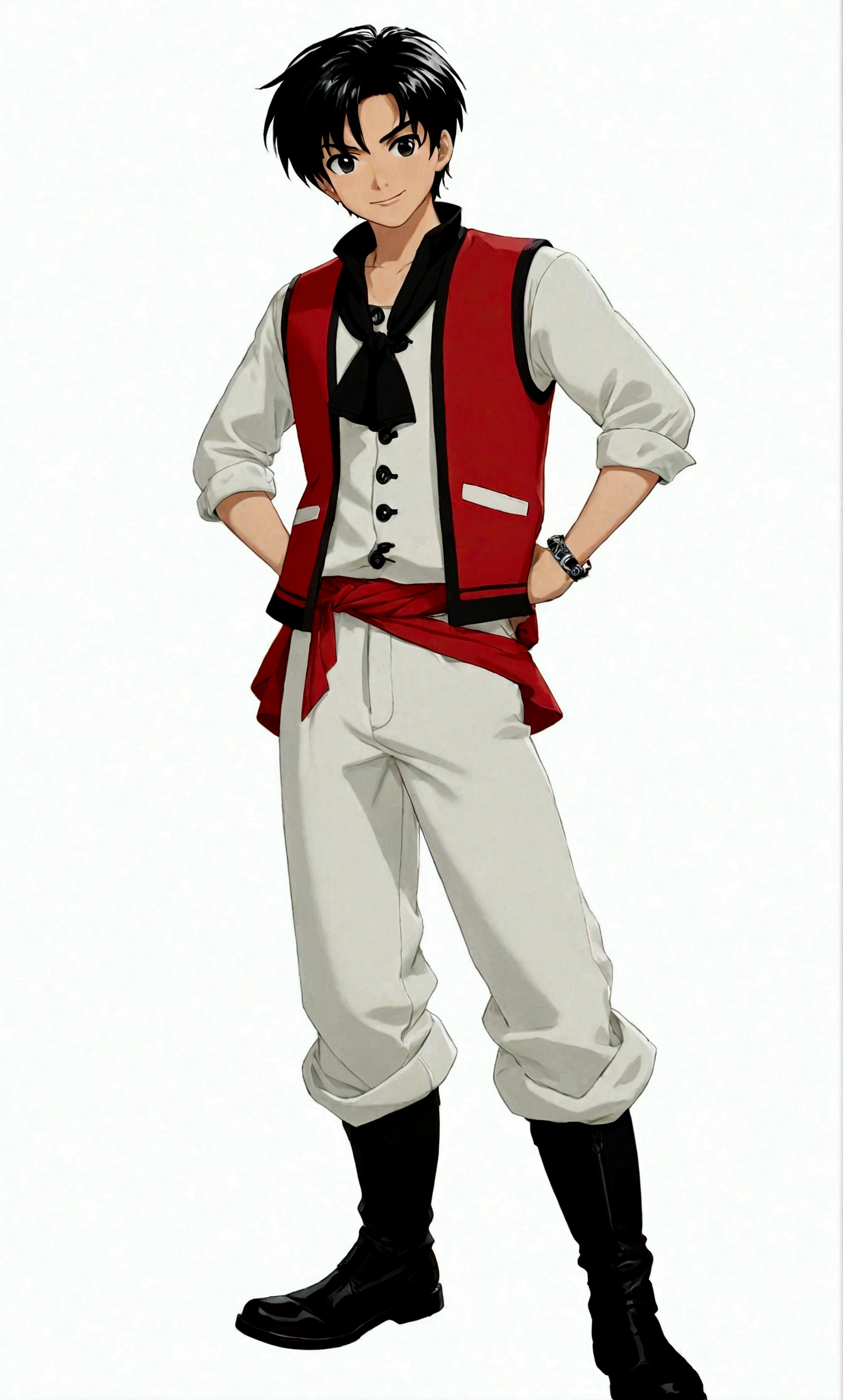 solo, looking at viewer, smile, simple background, black hair, 1boy, white background, standing, full body, ahoge, male focus, boots, pants, black footwear, black eyes, thick eyebrows, hands on hips, bandana