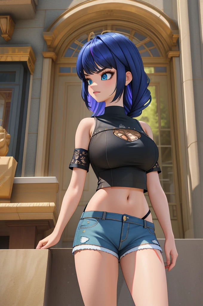 (8k, RAW photo, best quality, masterpiece:1.2), (intricate details), perfect eyes, perfect face, perfect lighting, beautiful, (masterpiece:1.2), (best quality:1.2), 1girl, solo, marinette, blue hair, (( loosen hair, bangs )), adult torso, 19 years old, angry, huge sized breasts, ( crop top, shorts), cowboy shot, 3DMM, standing, front view, 