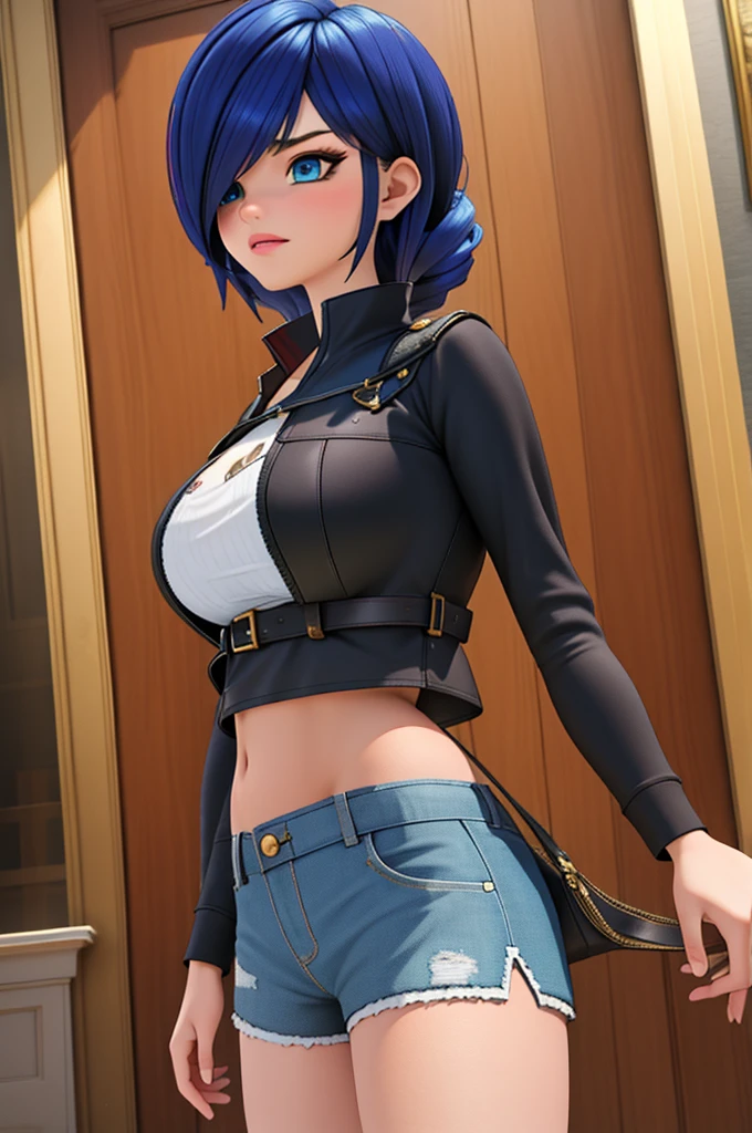 (8k, RAW photo, best quality, masterpiece:1.2), (intricate details), perfect eyes, perfect face, perfect lighting, beautiful, (masterpiece:1.2), (best quality:1.2), 1girl, solo, marinette, blue hair, (( loosen hair, bangs over one eye )), adult torso, 19 years old, angry, huge sized breasts, ( crop top, shorts), cowboy shot, 3DMM, standing, front view, 