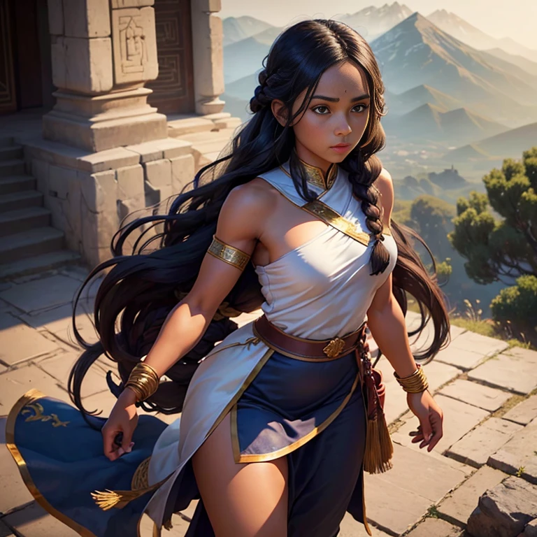 (1 girl standing) a muscular brown skin dark monk lady long black hair in a braid, wearing a dark blue tunic golden ornaments, white bandages in hands and legs, temple mountains background