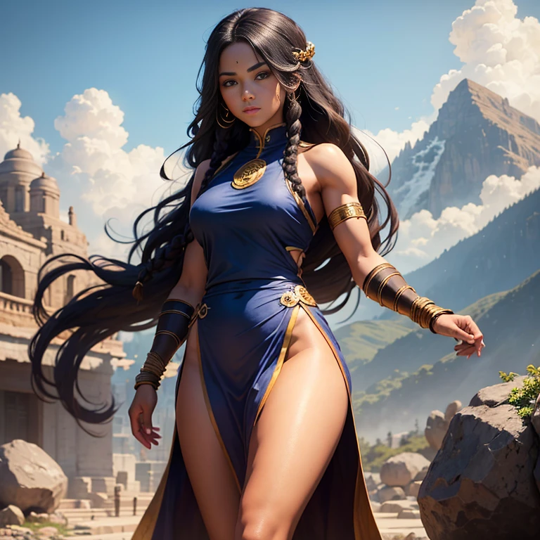 (1 girl standing) a muscular brown skin dark monk lady long black hair in a braid, wearing a dark blue tunic golden ornaments, white bandages in hands and legs, temple mountains background