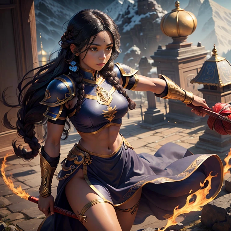 (1 girl standing) a muscular brown skin dark monk lady long black hair in a braid, wearing a dark blue armor golden ornaments, white bandages in hands and legs, holding a red stick, temple mountains background