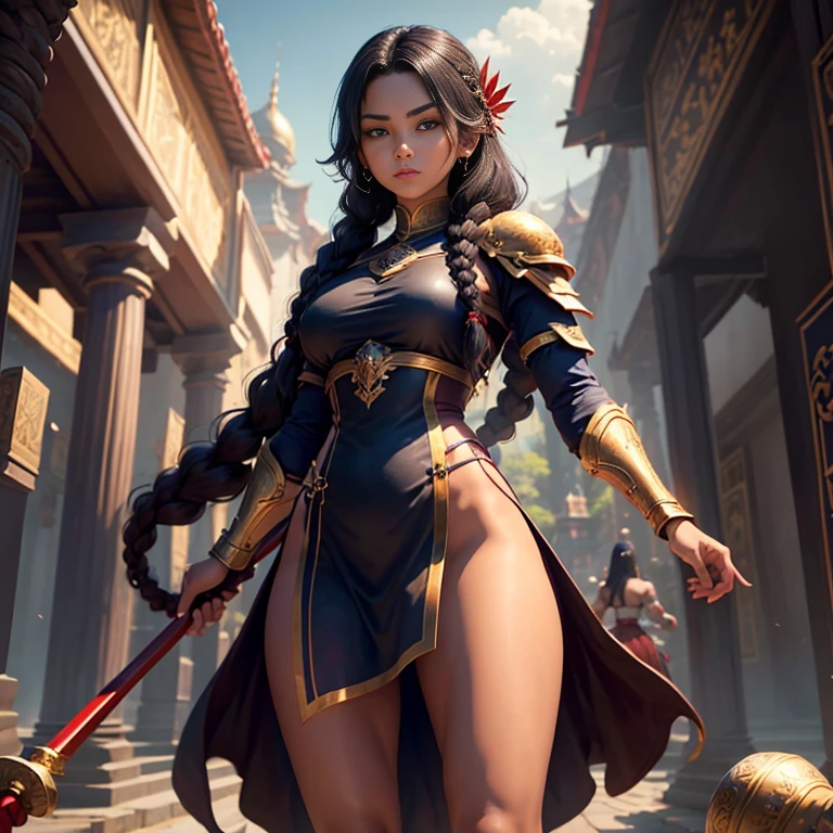 (1 girl standing) a muscular brown skin dark monk lady long black hair in a braid, wearing a dark blue armor golden ornaments, white bandages in hands and legs, holding a red stick, temple mountains background