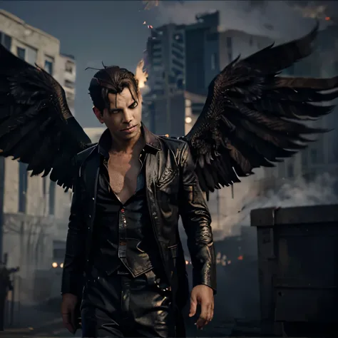 lucifer has wings and smoke behind him