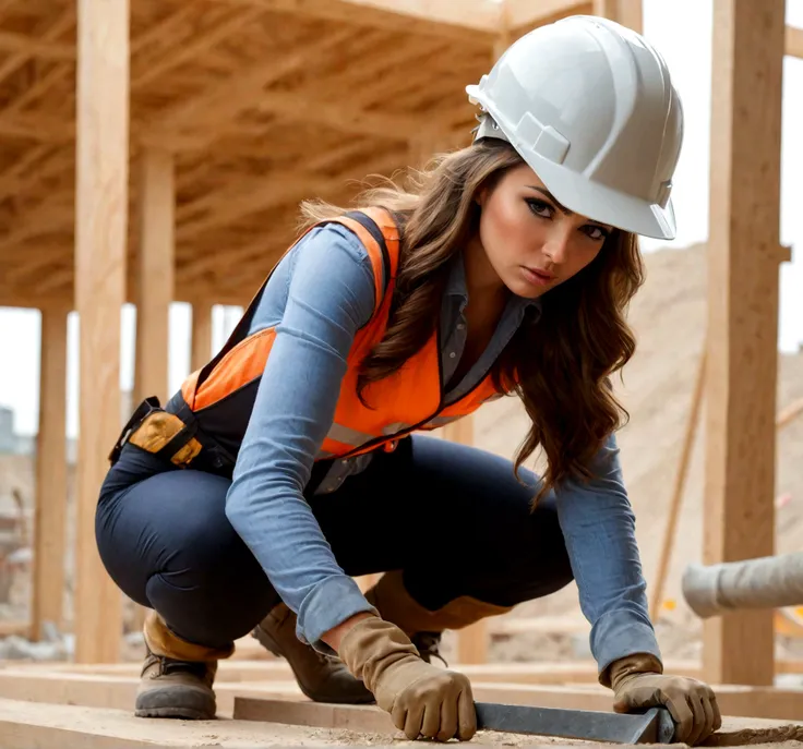 Beautiful sexy girl in tight clothes and protective helmet working at a  construc - SeaArt AI