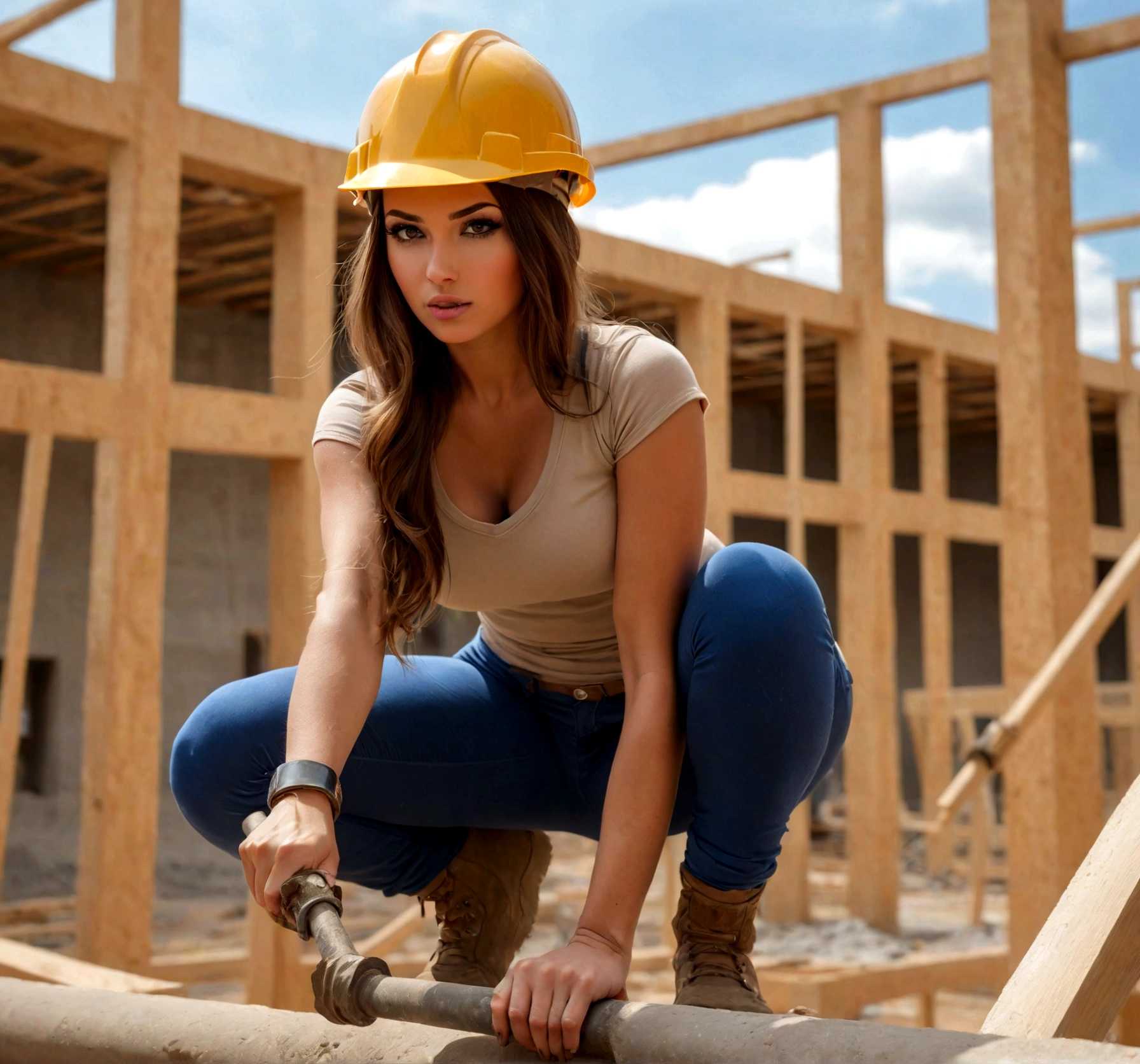 Beautiful sexy girl in tight clothes and protective helmet working at a  construc - SeaArt AI