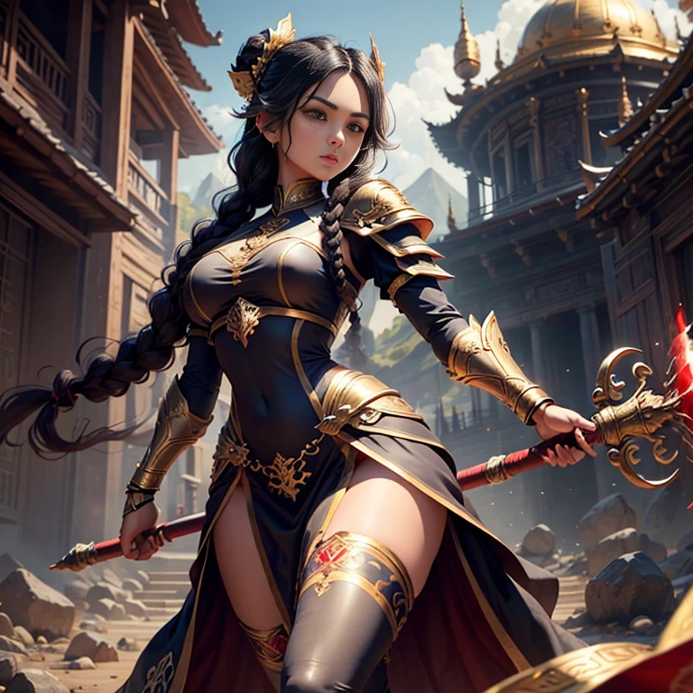 (1 girl standing) a muscular brown skin dark monk lady long black hair in a braid, wearing an intricated elaborated baroque dark blue armor golden ornaments, white bandages in hands and legs, holding a red stick, temple mountains background