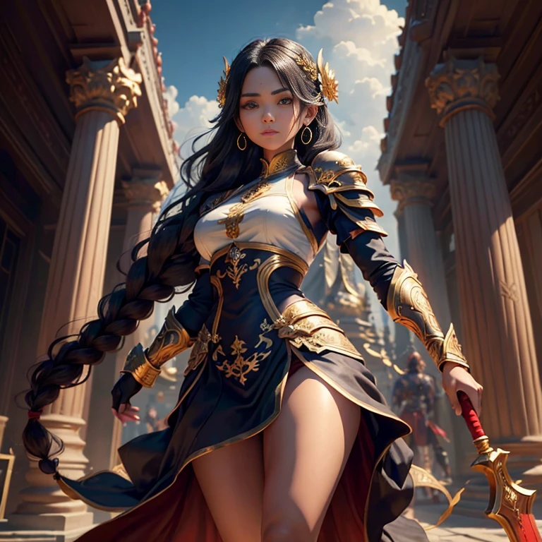 (1 girl standing) a muscular brown skin dark monk lady long black hair in a braid, wearing an intricated elaborated baroque dark blue armor golden ornaments, white bandages in hands and legs, holding a red stick, temple mountains background