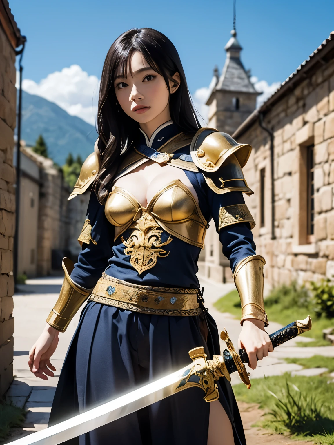 Oriental, Woman warrior, (sword), Ancient castle, embroidery, silk, Gold Armor, gun, brave, Stone Wall, luxury, OrientalなWoman warriorが、Ancient castleの門の前でbraveに立っている。she、embroideryが施されたsilkの服とGold Armorを着ており、手にはluxuryな装飾が施されたgunを持っている。In the background、城のStone Wallが見える。