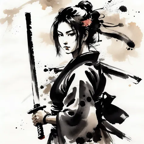 1girl, samurai,solo, looking at viewer,  watercolor style,japanese sword,sumi-e, masterpiece,best quality,extremely detailed,fin...