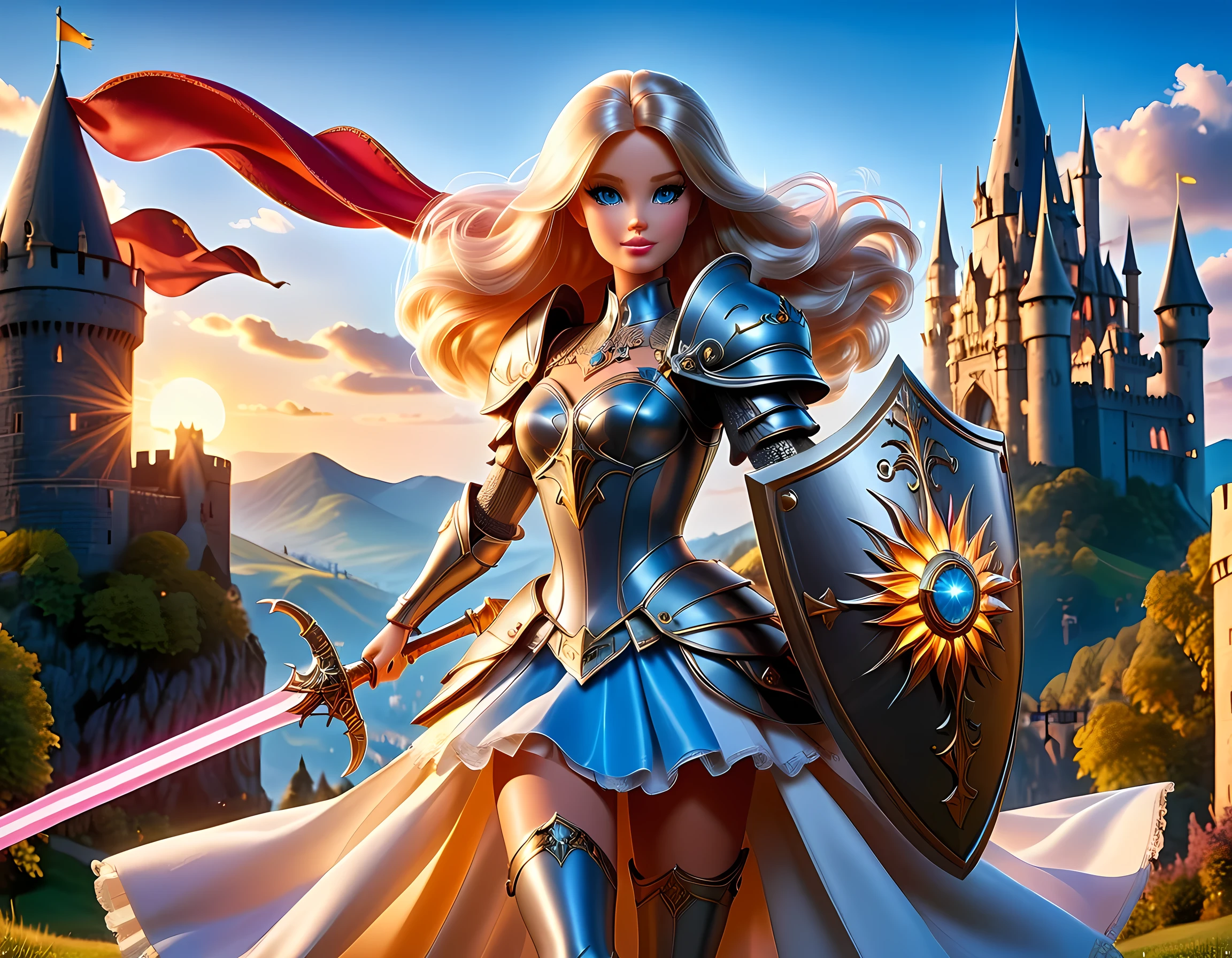 16k, ultra detailed, masterpiece, best quality, (extremely detailed), arafed, dnd art, panoramic view, full body, a single1 ((Barbie: 1.5)) knight standing on the all of the castle as the sun rises, she is holding sword and shield, you see only the silhouette of knight, intense eyes, ultra feminine, ultra detailed face, (Masterpiece, intense details:1.5), (anatomically correct: 1.5), determined face, sky are switching day and night, the sun is rising, suns, some stars, rays of dawn, fantasy castle background, Wide-Angle, Ultra-Wide Angle, 16k, highres, best quality, faize, Sword and shield