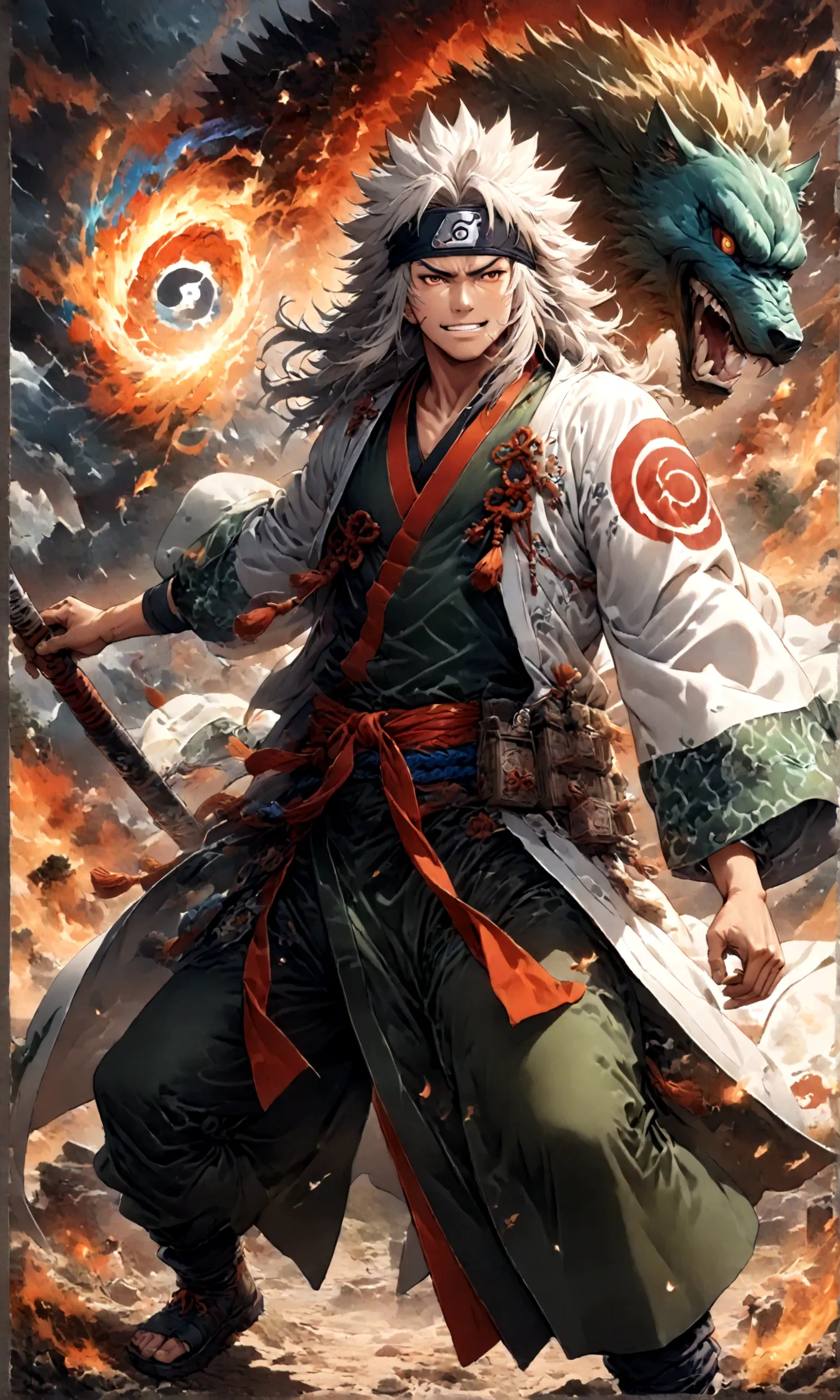 (1 middle-aged male,jiraiya,Green kimono,White Haori),solo,comics『NARUTO』Characters in,,Ninjutsuの使用,Battle Style,Cynical Smile,N...