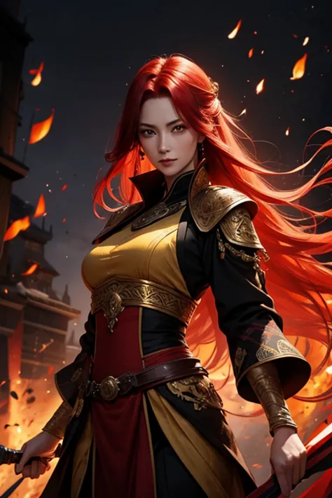 woman 40 years old.beautiful.red hair.yellow eyes.imperial clothes