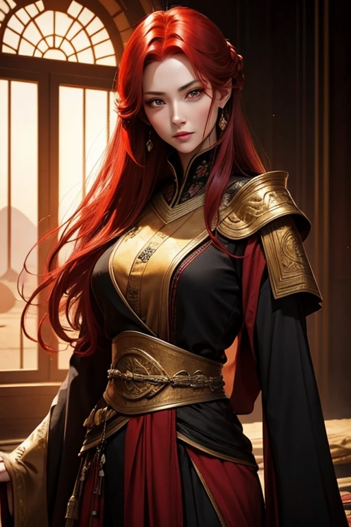 woman 40 years old.beautiful.red hair.yellow eyes.imperial clothes