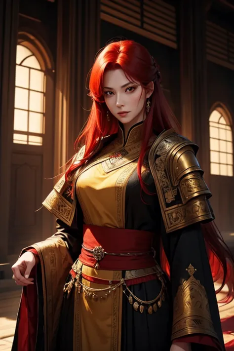 woman 40 years old.beautiful.red hair.yellow eyes.imperial clothes