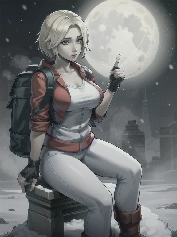 ((Best quality)), ((Masterpiece)), (detailed), (4K quality), (Detailed face:1.2), (Detailed eyes:1.2), (Perfect figure:1.2), 1girl, UDSam, solo, short hair, blonde hair, (Wearing: Red jacket, white leggings, fingerless gloves, snow boots and backpack), dark, gloomy dramatic, spooky lighting with lot of fog, foggy and snowing weather snowy, blizzard, in a forest, night time with huge white moon, upper body shot
