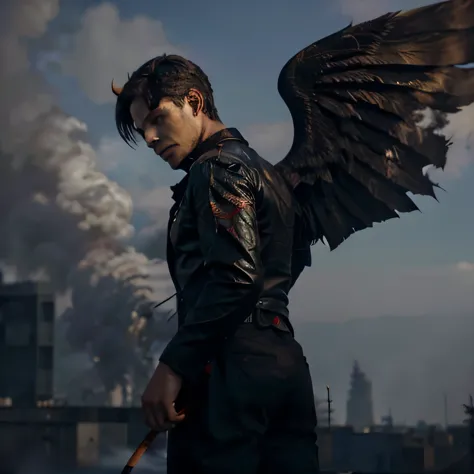 Lucifer has wings and smoke behind him