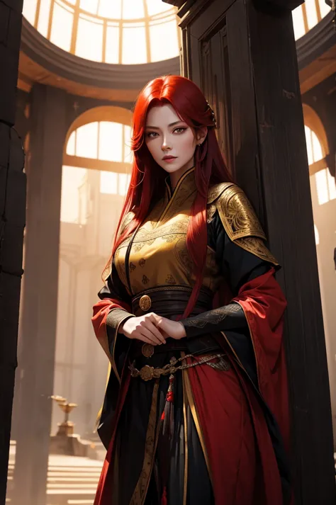 woman 40 years old.beautiful.red hair.yellow eyes.imperial clothes