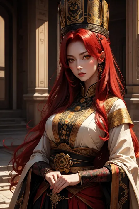 woman 40 years old.beautiful.red hair.yellow eyes.imperial clothes