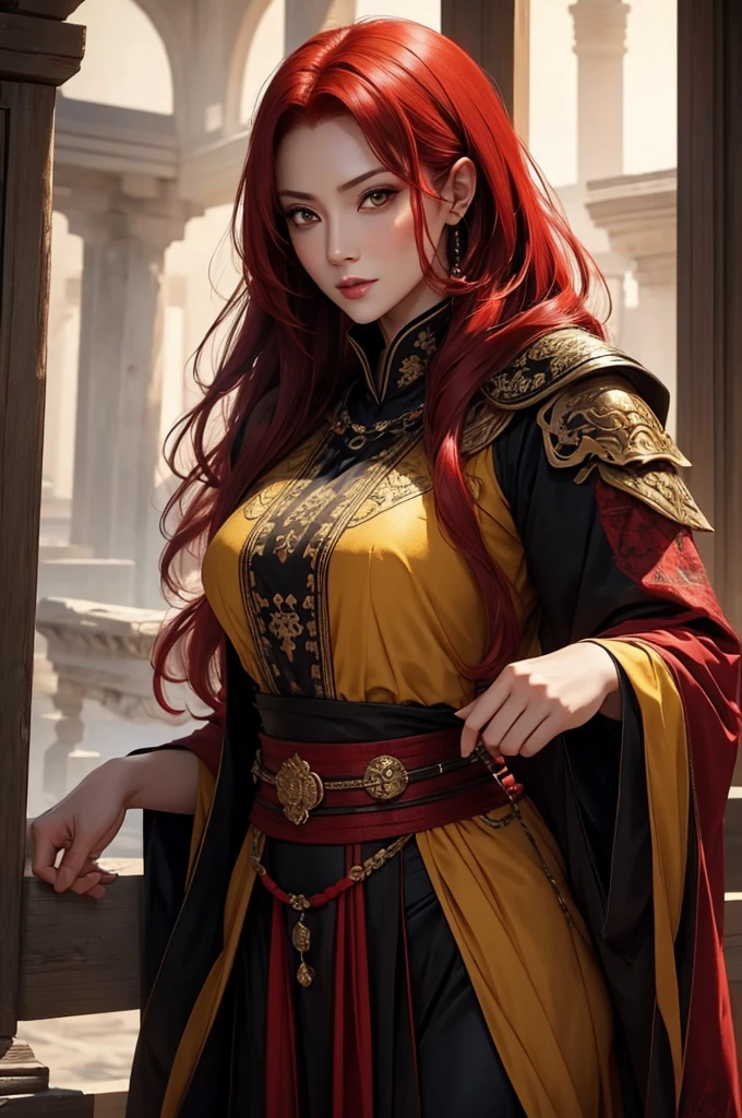 woman 40 years old.beautiful.red hair.yellow eyes.imperial clothes