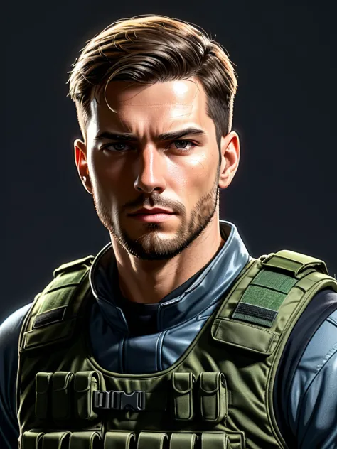 man in bulletproof vest, highly detailed military soldier portrait, lineart, cel shading, masterpiece, 8k, ultra-detailed, sharp...