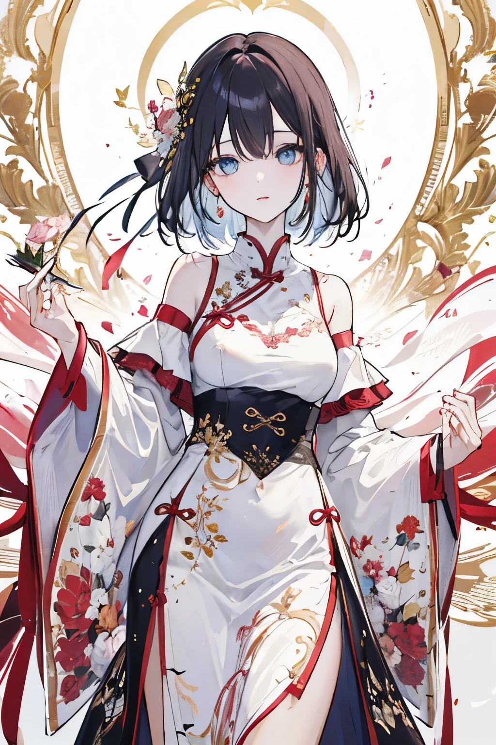 ((best quality)), ((masterpiece)), (detailed), 1 Girl, Slit cheongsam，Details of clothes，Off-shoulder，full-body shot，Eyes for detail，beautiful eyes