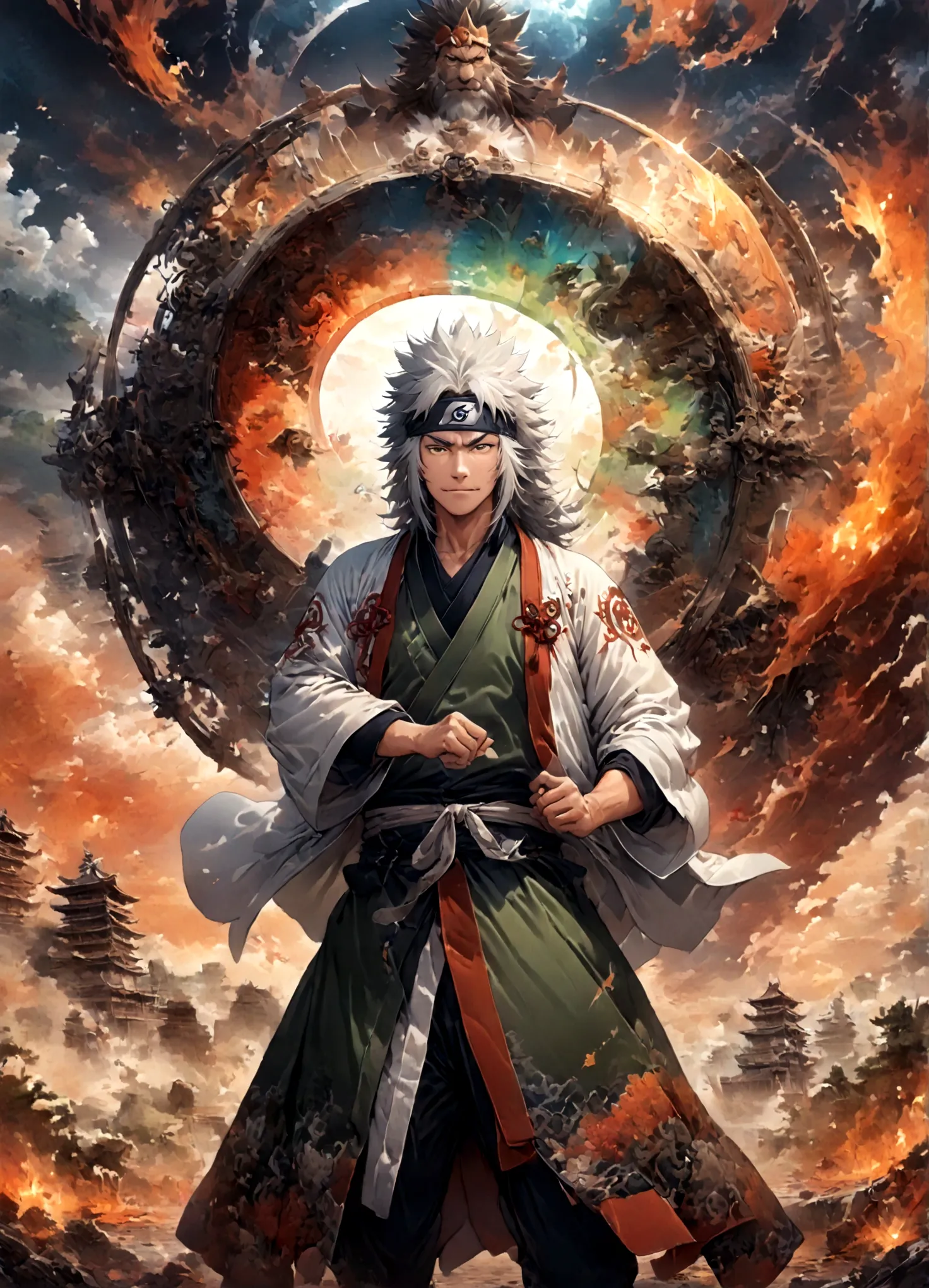 (1 middle-aged male,jiraiya,Green kimono,White Haori),solo,comics『NARUTO』Characters in,,Ninjutsuの使用,Battle Style,Cynical Smile,N...