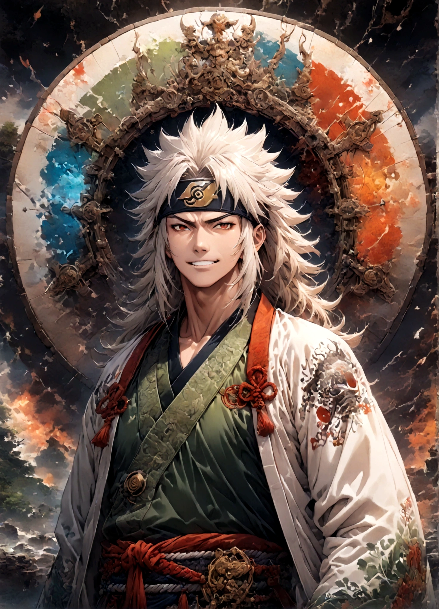 (1 middle-aged male,jiraiya,Green kimono,White Haori),solo,comics『NARUTO』Characters in,,Ninjutsuの使用,Battle Style,Cynical Smile,Ninjutsuのエフェクト,Enjoy the battle,Moderate dirt,,tattoo,Forehead protector,Digital Art,An illustration,Intricate details,Intricate details,Wide range of colors,artwork,rendering,,(highest quality:1.4),(Very detailed:1.5),High resolution,Very detailed,unity 8k wallpaper,Draw artistic background,yin and yang,Five Elements,Ninjutsu,