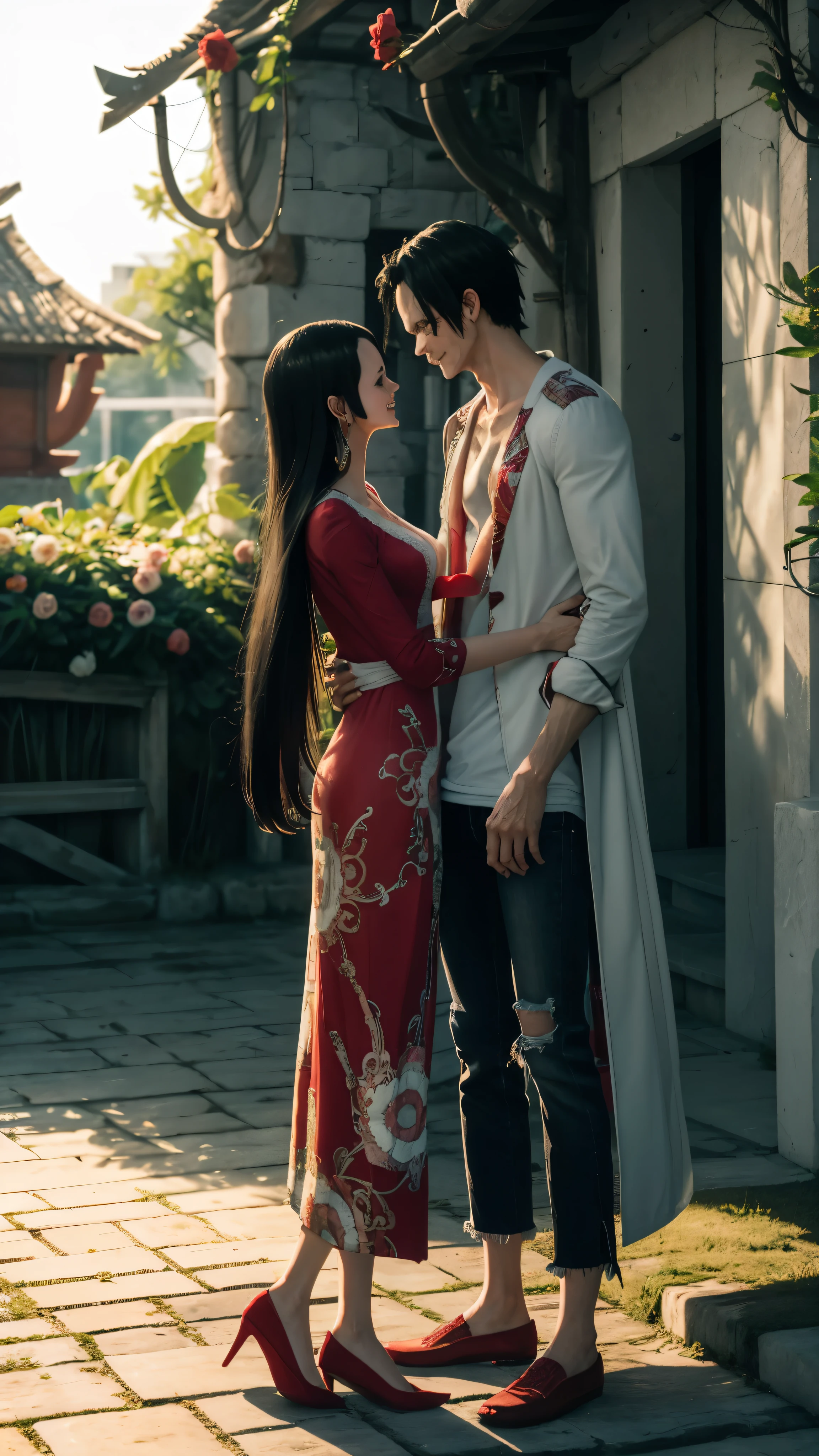 best quality, of romantic couple in amazing and idyllic landscape, romantic atmosphere, featured details; Man monkey d Luffy white T-shirt and denim coat, woman boa Hancock with long black hair, red dress with flowers and white shoes, radiant smile, in the light of the sunset kissing