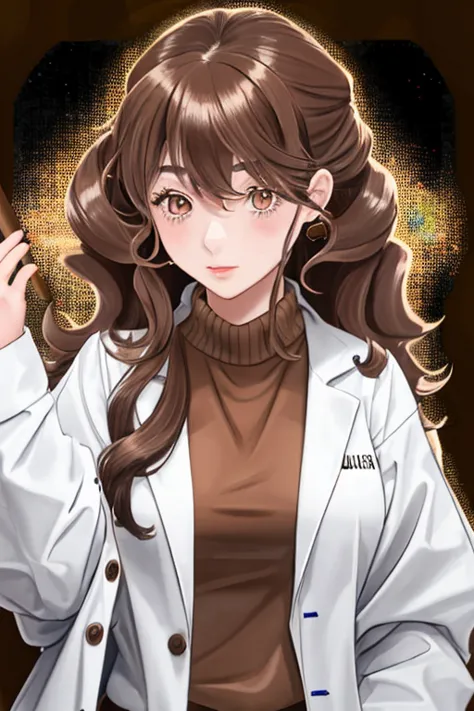 italian girl, 25 years old, wavy brown hair, lab coat