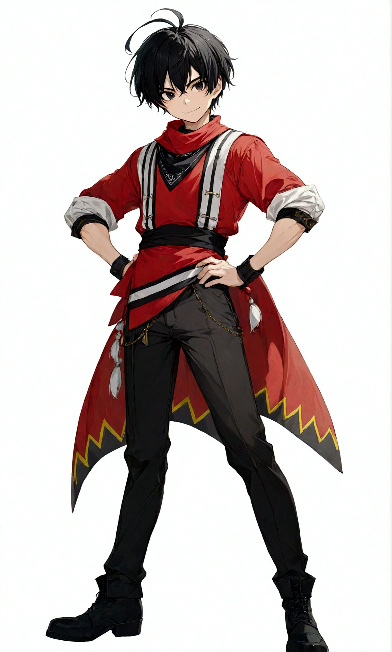 solo, looking at viewer, smile, simple background, black hair, 1boy, white background, standing, full body, ahoge, male focus, boots, pants, black footwear, black eyes, thick eyebrows, hands on hips, bandana