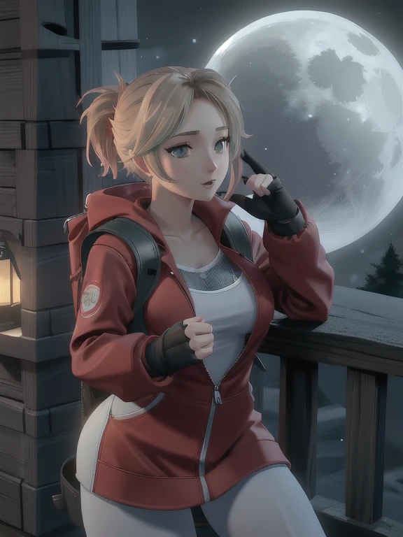 ((Best quality)), ((Masterpiece)), (detailed), (4K quality), (Detailed face:1.2), (Detailed eyes:1.2), (Perfect figure:1.2), 1girl, UDSam, solo, short hair, blonde hair, (Wearing: Red jacket, white leggings, fingerless gloves, snow boots and backpack), dark, gloomy dramatic, spooky lighting with lot of fog, foggy and snowing weather snowy, blizzard, in a forest, night time with huge white moon, upper body shot
