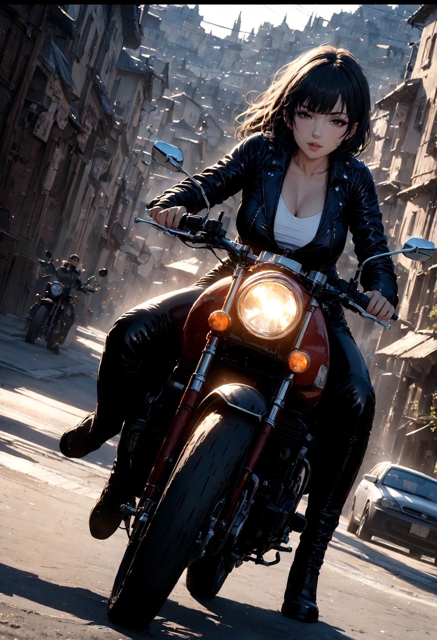 realistic sexy biker girl riding a honda cb 750 in speed, town background, masterpiece, sensual lighting side, angle