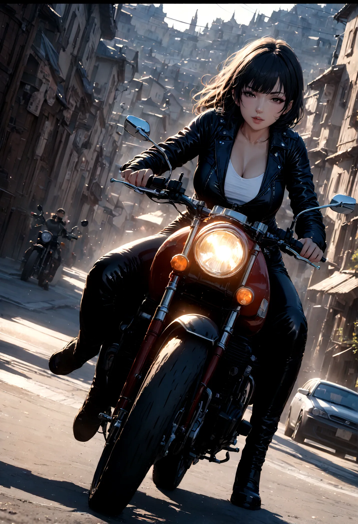 realistic sexy biker girl riding a honda cb 750 in speed, town background, masterpiece, sensual lighting side, angle