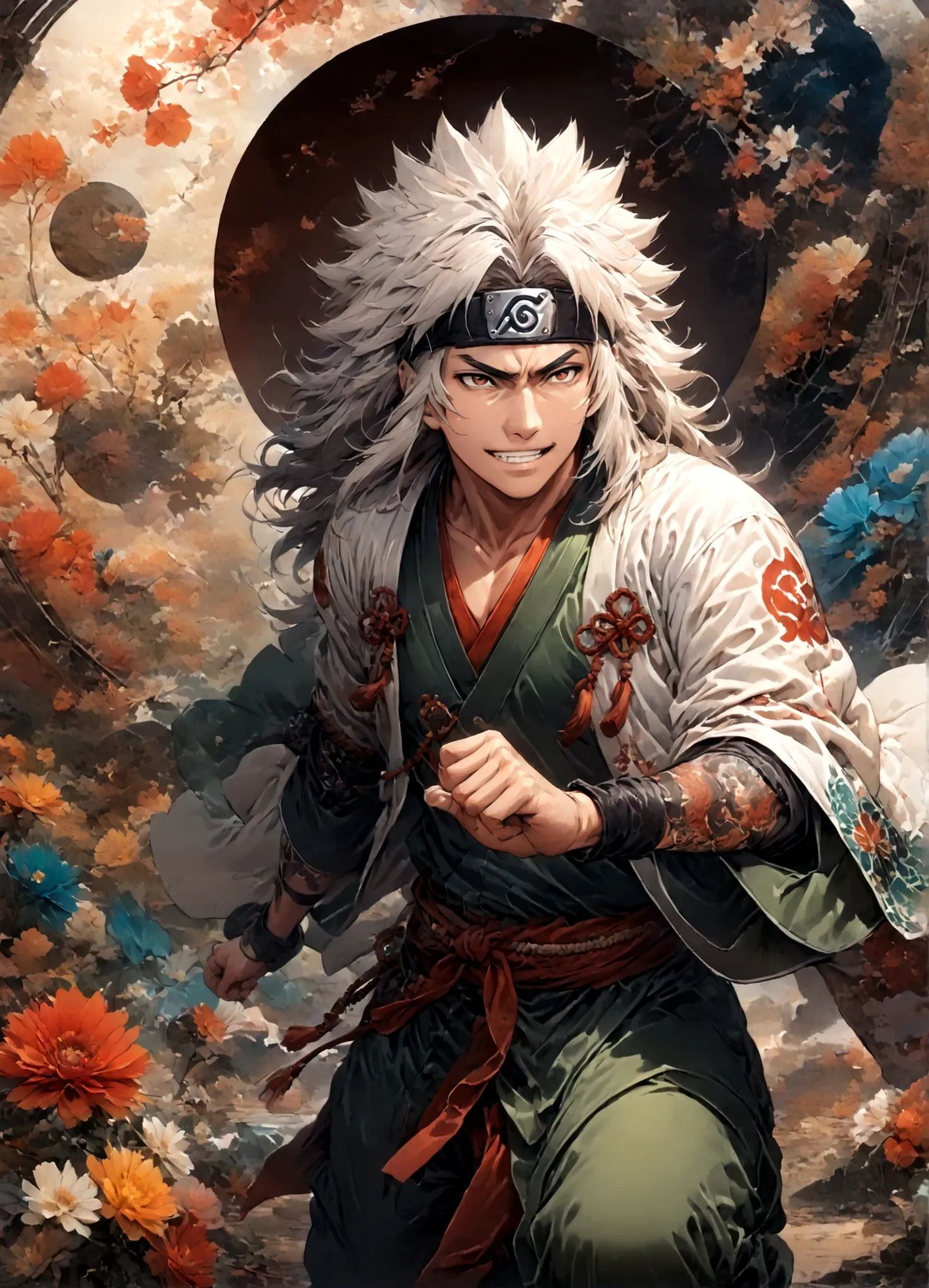 (1 middle-aged male,jiraiya,Green kimono,White Haori),solo,comics『NARUTO』Characters in,,Ninjutsuの使用,Battle Style,Cynical Smile,N...