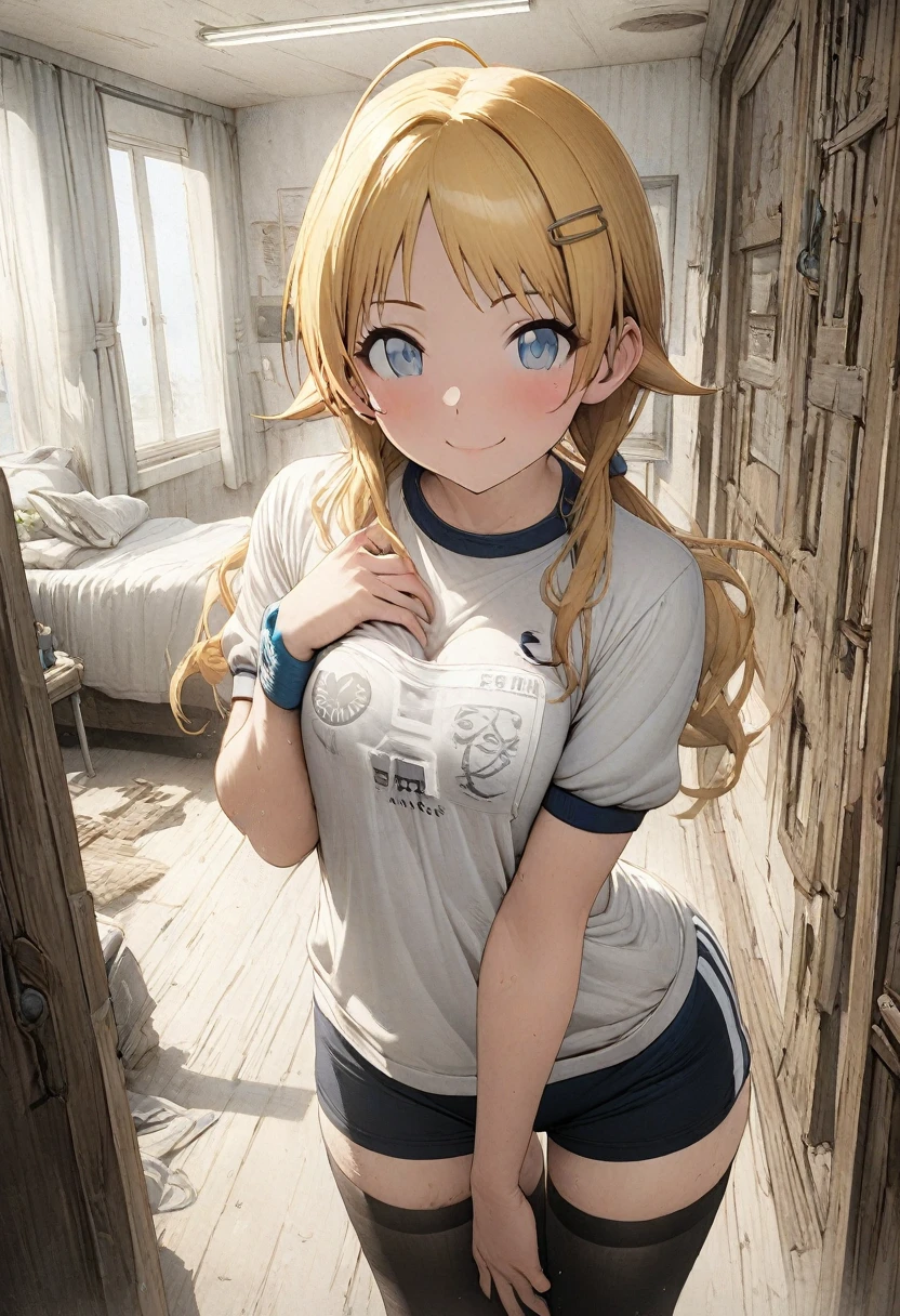 NSFW,(pale illustration,anime illustrations:1.2),(masterpiece, highest quality, so beautiful, Super detailed),textured skin, high details,8k,gleaming skin,pale outline

(hachimiya meguru, idolmaster:1.2),gold hair,

1 girl,(black Thighhighs:1.3),middle breasts,shorty,happy smile,
gym uniform,standing,
from front,white and clean bedroom