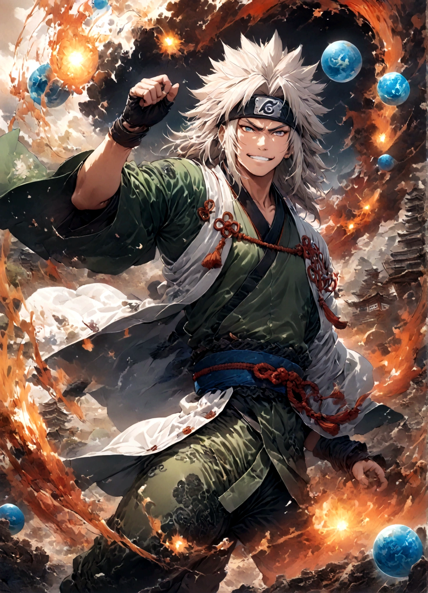 (1 middle-aged male,jiraiya,Green kimono,White Haori),solo,comics『NARUTO』Characters in,,Ninjutsuの使用,Battle Style,Cynical Smile,Ninjutsuのエフェクト,Enjoy the battle,Moderate dirt,,tattoo,Forehead protector,Digital Art,An illustration,Intricate details,Intricate details,Wide range of colors,artwork,rendering,,(highest quality:1.4),(Very detailed:1.5),High resolution,Very detailed,unity 8k wallpaper,Draw artistic background,yin and yang,Five Elements,Ninjutsu,