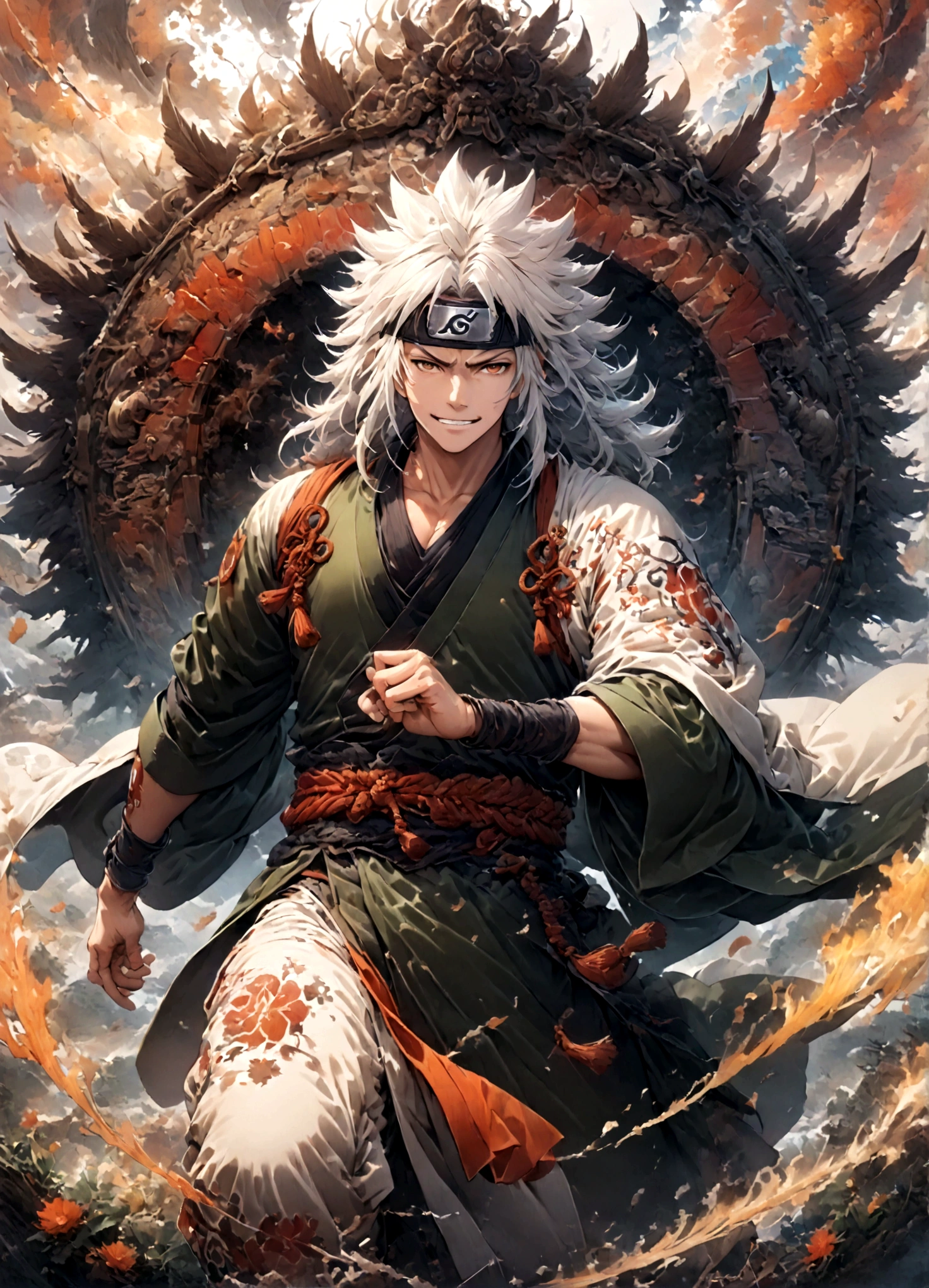 (1 middle-aged male,jiraiya,Green kimono,White Haori),solo,comics『NARUTO』Characters in,,Ninjutsuの使用,Battle Style,Cynical Smile,Ninjutsuのエフェクト,Enjoy the battle,Moderate dirt,,tattoo,Forehead protector,Digital Art,An illustration,Intricate details,Intricate details,Wide range of colors,artwork,rendering,,(highest quality:1.4),(Very detailed:1.5),High resolution,Very detailed,unity 8k wallpaper,Draw artistic background,yin and yang,Five Elements,Ninjutsu,