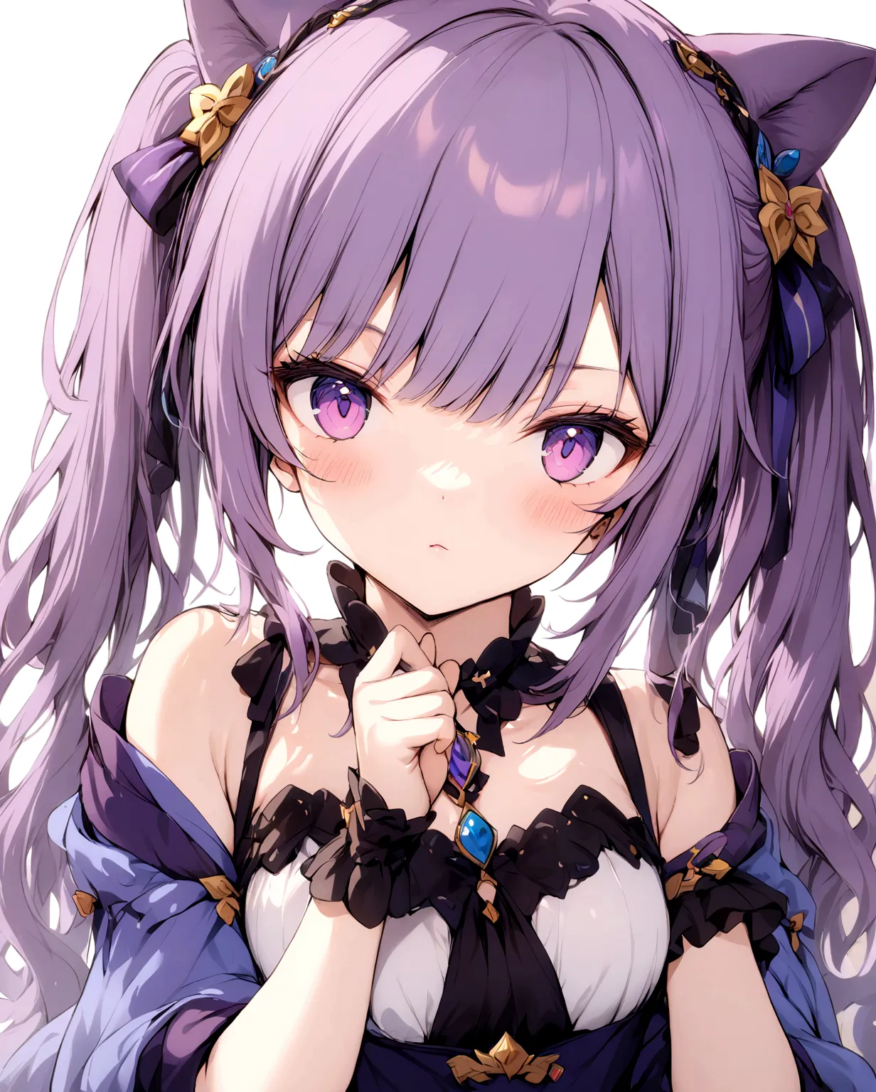 purple hair, hair ornament, twintails, cat ears hairstyle