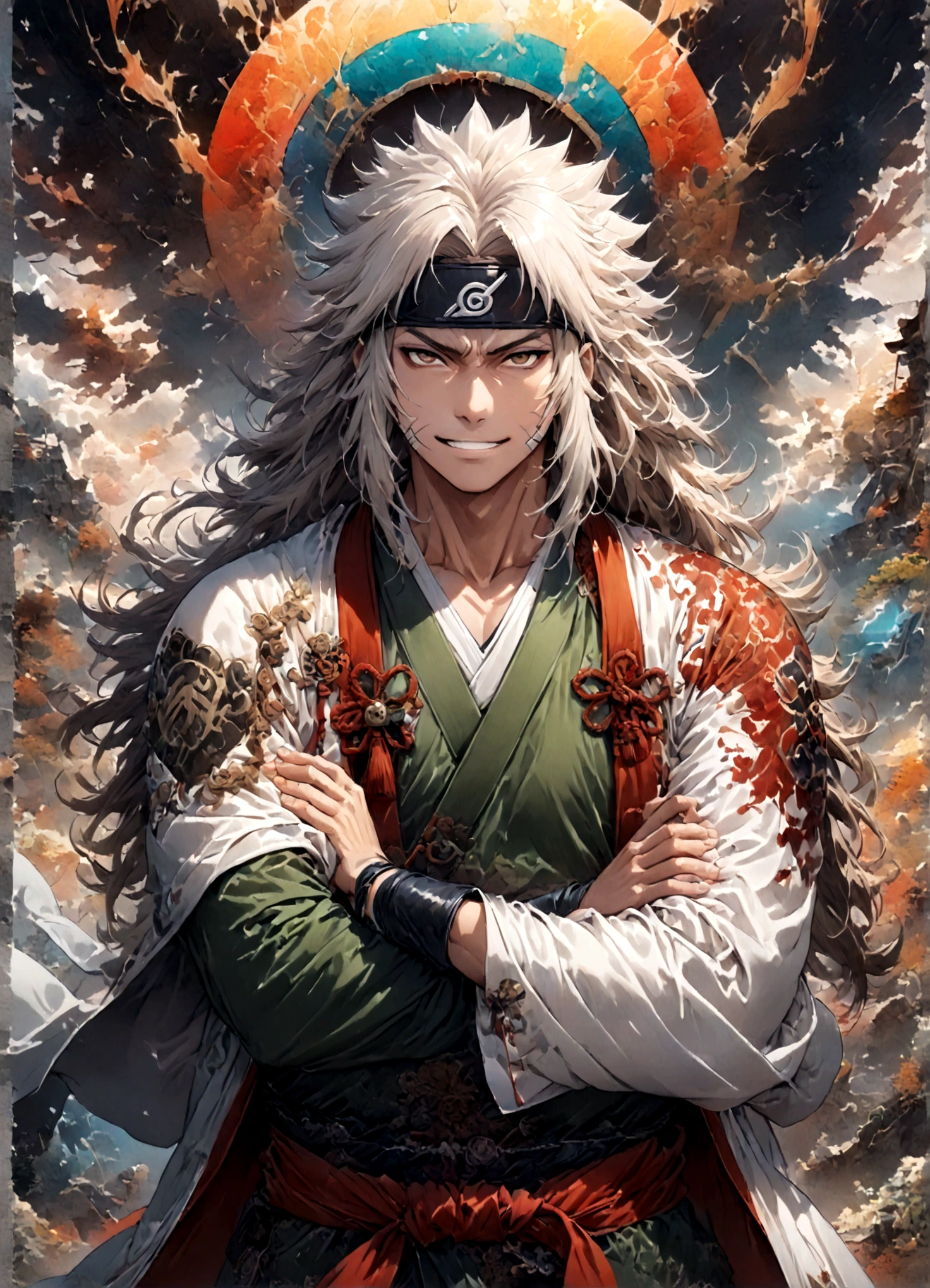 (1 homme d&#39;âge moyen,Jiraiya,Kimono vert,haori blanc),seulement,des bandes dessinées『Naruto』Personnages dans,,Utilisation du Ninjutsu,style de combat,Sourire cynique,Effets ninjutsu,Profitez de la bataille,Saleté modérée,,Tatouage,Protecteur de front,art numérique,Une illustration,détails complexes,détails complexes,Large gamme de couleurs,ouvrages d&#39;art,le rendu,,(la plus haute qualité:1.4),(très détaillé:1.5),haute résolution,très détaillé,unité 8k fond d&#39;écran,Dessiner un fond artistique,,Cinq éléments,Ninjutsu,